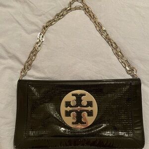 Tory Burch Glossy Black Clutch with Silver Chain